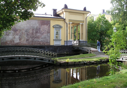 Channel, water, bridge, green trees, part of Finspång Castle