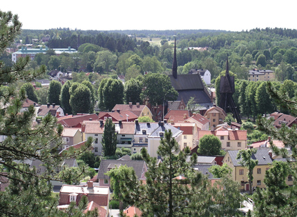View from above of central Söderköping, St Lawrence’s church, view, green areas, green trees